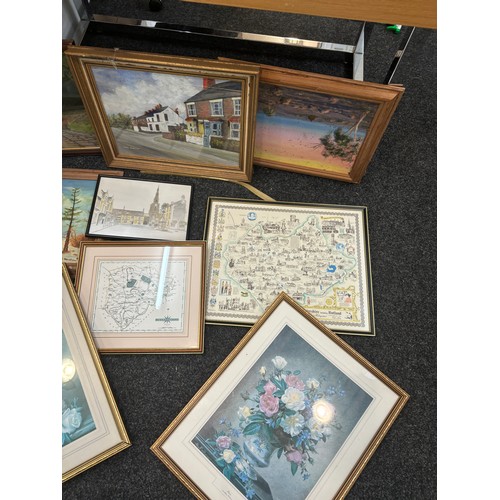 66 - Large selection of framed pictures and prints includes maps etc largest measures approximately 20 in... 