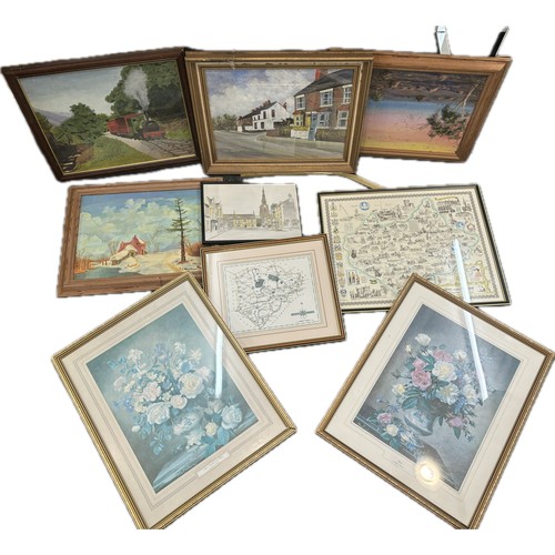 66 - Large selection of framed pictures and prints includes maps etc largest measures approximately 20 in... 