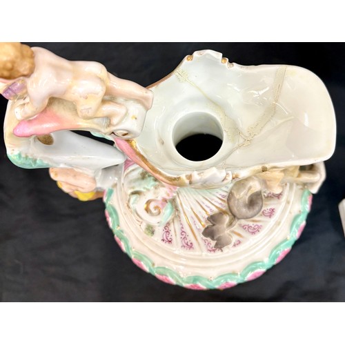 69 - Pair Christian Nonne style Volkstedt porcelain ewer / pitcher, both have been repaired to spout, ove... 