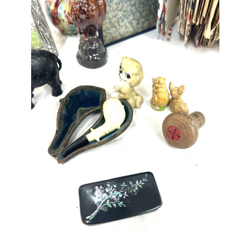 50 - Selection of used stamps, wade whimsles, silver plated small picture frame, glass tulip vase etc