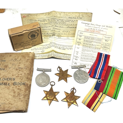 383 - WW2 Medal group to pte henry allan medical corp with box and paperwork includes original ribbons sol... 