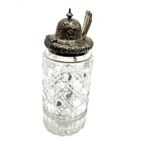 42 - Victorian cut glass cruet bottle with a silver lid and victorian silver spoon , cruet bottle measure... 