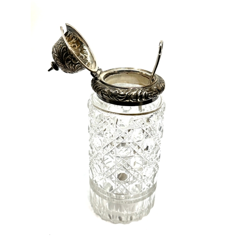 42 - Victorian cut glass cruet bottle with a silver lid and victorian silver spoon , cruet bottle measure... 