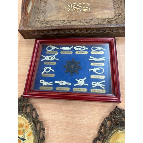 568 - Selection of collectables includes framed knots, wooden tray etc