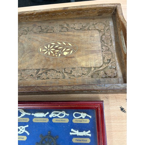 568 - Selection of collectables includes framed knots, wooden tray etc