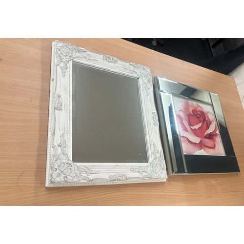 71 - Glass square modern wall hanging frame and a shabby chic mirror largest measures approx 20 inches lo... 