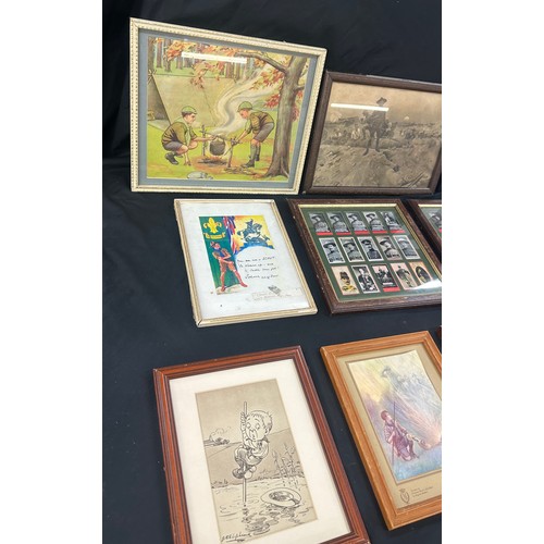 21A - Selection of vintage boy scouts framed prints and framed cigarette cards