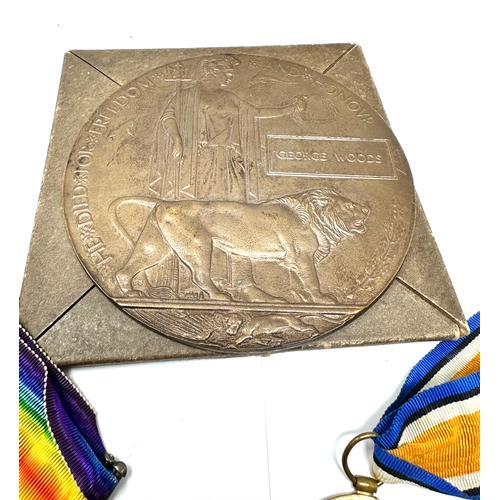 416 - ww1 death plaque & medal pair to 21902 g woods ches reg died july 16th  16th service bat