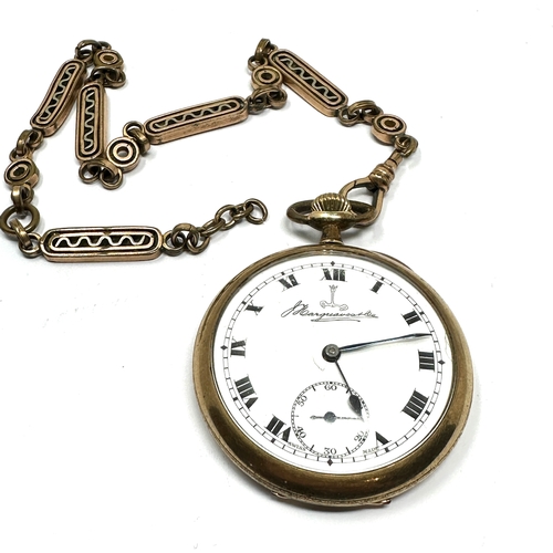 345 - J.Hargreaves & Co gold plated open face pocket watch & fancy link watch chain the watch is ticking