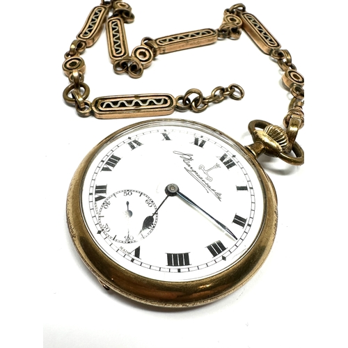 345 - J.Hargreaves & Co gold plated open face pocket watch & fancy link watch chain the watch is ticking