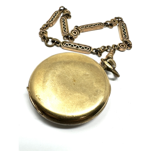 345 - J.Hargreaves & Co gold plated open face pocket watch & fancy link watch chain the watch is ticking