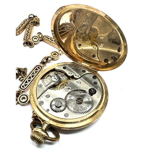 345 - J.Hargreaves & Co gold plated open face pocket watch & fancy link watch chain the watch is ticking