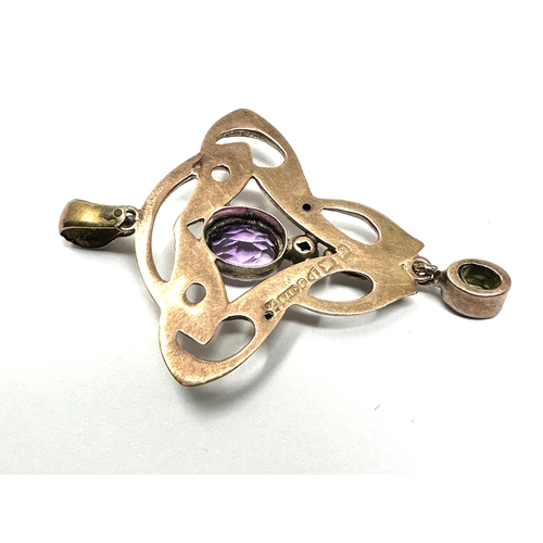 143 - Antique 9ct gold amethyst & peridot drop pendant measures approx 4.4cm drop weight 2.9g missing 2 sm... 