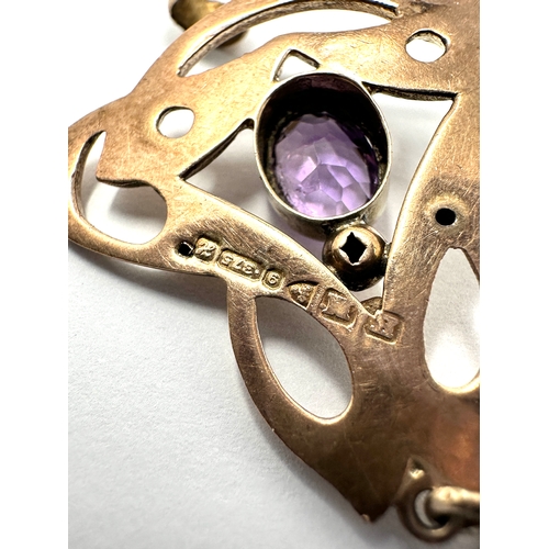 143 - Antique 9ct gold amethyst & peridot drop pendant measures approx 4.4cm drop weight 2.9g missing 2 sm... 