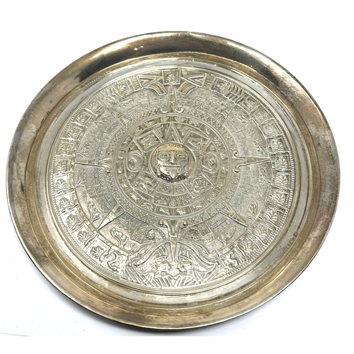 20 - Mexican Aztec Calendar Silver Dish measures approx 18.5cm dia weight 105g