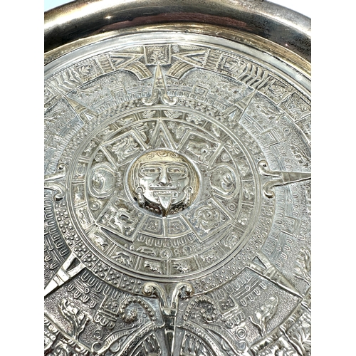 20 - Mexican Aztec Calendar Silver Dish measures approx 18.5cm dia weight 105g