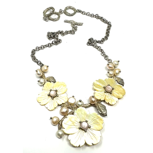 306 - Vintage silver & mother of pearl floral necklace hallmarked 925 weight approx 50g