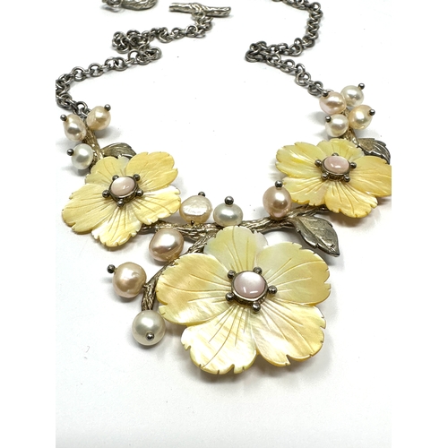 306 - Vintage silver & mother of pearl floral necklace hallmarked 925 weight approx 50g