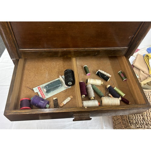 343 - Vintage wooden sewing box with contents and a selection of materials