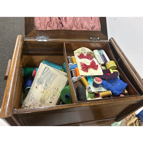 343 - Vintage wooden sewing box with contents and a selection of materials