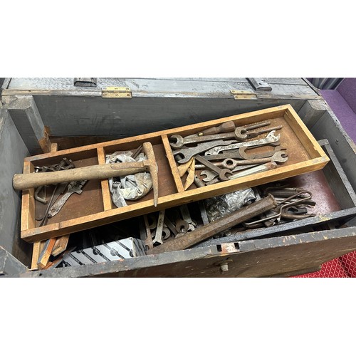 231 - Large wooden tool chest with a large selection of spanners and other tools 

chest measures approxim... 