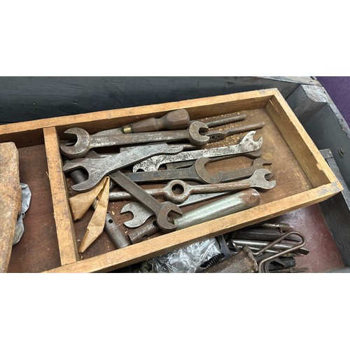 231 - Large wooden tool chest with a large selection of spanners and other tools 

chest measures approxim... 