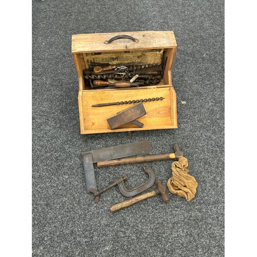 246 - Vintage wooden tool box with a selection of assorted tools