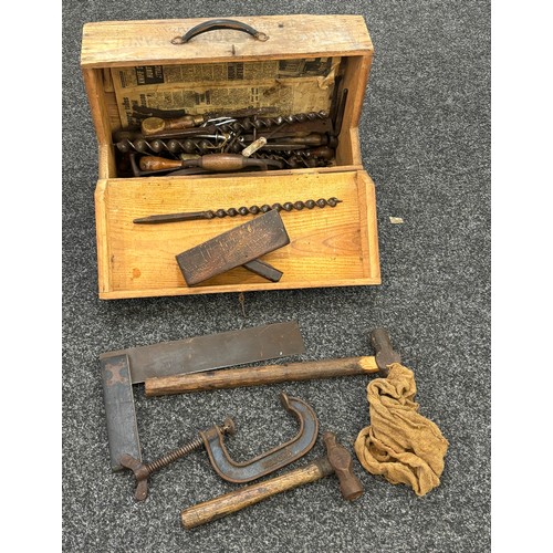 246 - Vintage wooden tool box with a selection of assorted tools