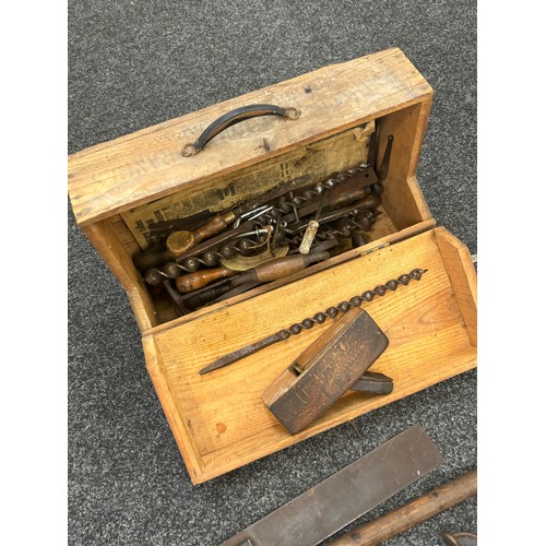 246 - Vintage wooden tool box with a selection of assorted tools