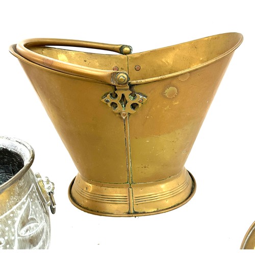 276 - Three large brass items to include a bucket, a lion detailing pot etc tallest measures approximately... 