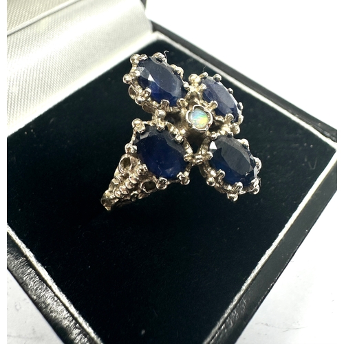 111 - 14ct white gold sapphire & opal ring weight 5.2g