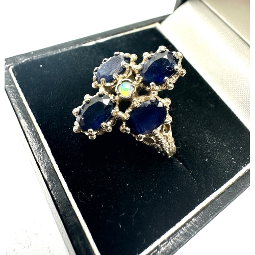 111 - 14ct white gold sapphire & opal ring weight 5.2g