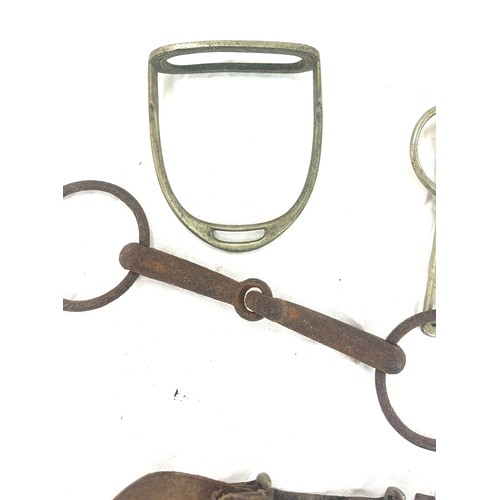 61 - Selection of metal horse bites and two foot rests