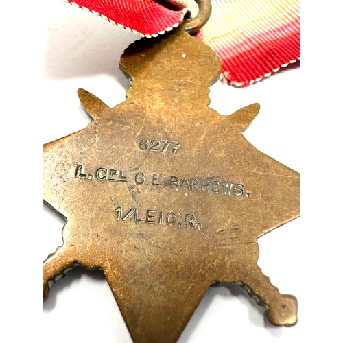 405 - WW1 Mons star to L.Cpl G.E.Barrows  1/ Leic R