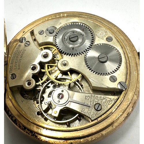 481 - Thomas Russel & sons gold plated open face pocket watch the watch is not ticking balance spins