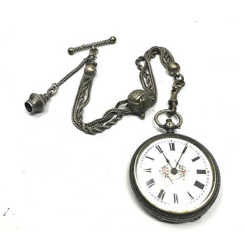 484 - Antique ladies fob watch & white metal albertina chain the watch is ticking not winding