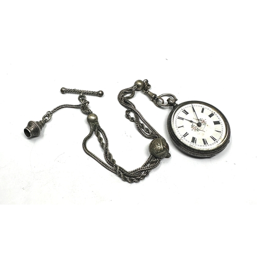 484 - Antique ladies fob watch & white metal albertina chain the watch is ticking not winding