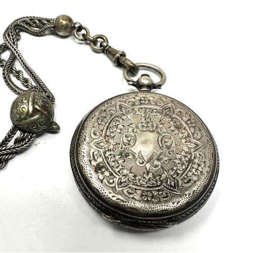 484 - Antique ladies fob watch & white metal albertina chain the watch is ticking not winding