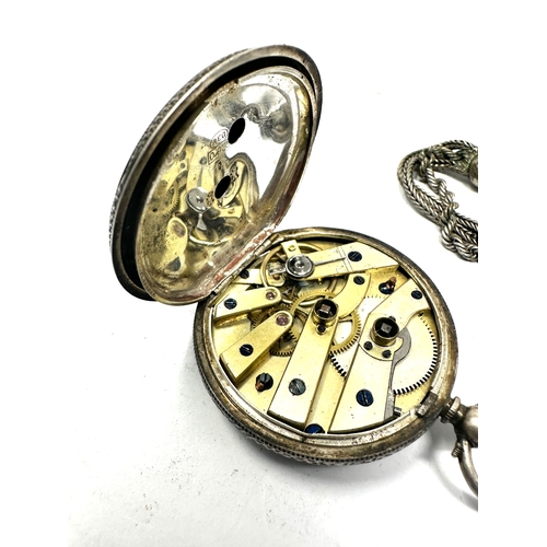 484 - Antique ladies fob watch & white metal albertina chain the watch is ticking not winding