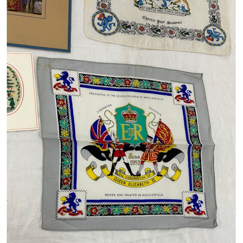 528 - Selection of vintage silks, pictures and handkerchiefs to include silk commemorative handkerchiefs, ... 