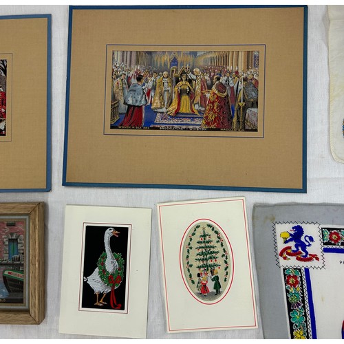 528 - Selection of vintage silks, pictures and handkerchiefs to include silk commemorative handkerchiefs, ... 