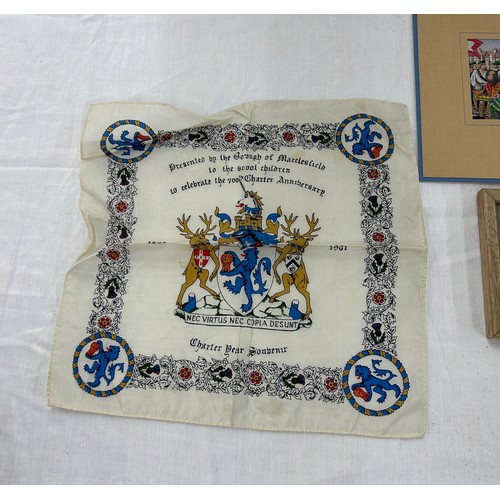 528 - Selection of vintage silks, pictures and handkerchiefs to include silk commemorative handkerchiefs, ... 