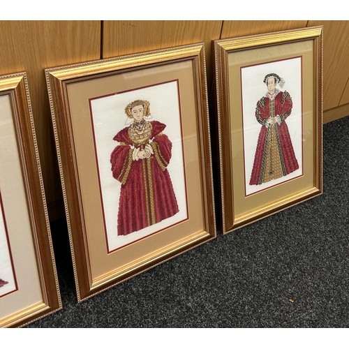 50 - Seven framed cross stitches Monarchs through time rather Henry VIII and his wives all measures appro... 