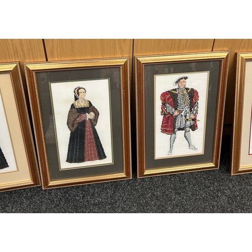 50 - Seven framed cross stitches Monarchs through time rather Henry VIII and his wives all measures appro... 