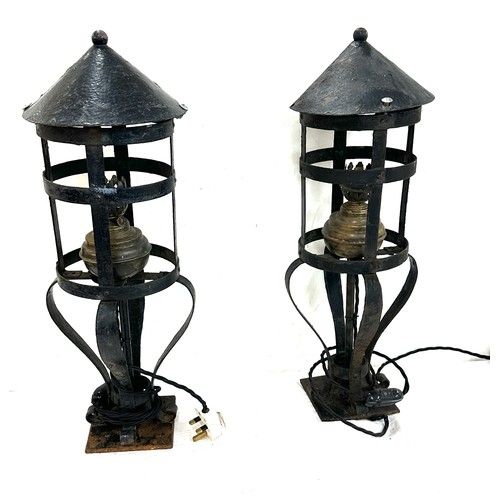 20 - Pair of vintage wrought iron balustrade oil lamps overall height 23 inches tall