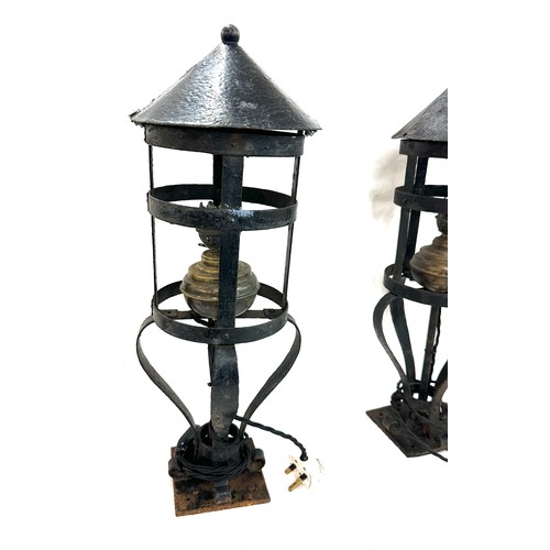 20 - Pair of vintage wrought iron balustrade oil lamps overall height 23 inches tall