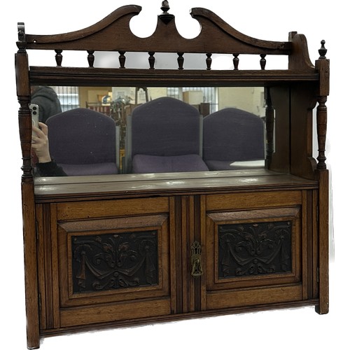 332 - Late Victorian walnut wall mounted shelf with mirror and carved panel doors measures approximately 2... 