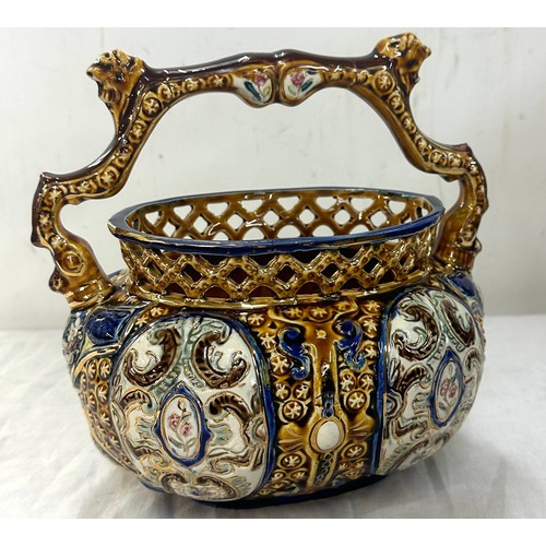 517 - English Alhambrian hand painted majolica basket measures approximately 8 inches tall x 8 inches wide