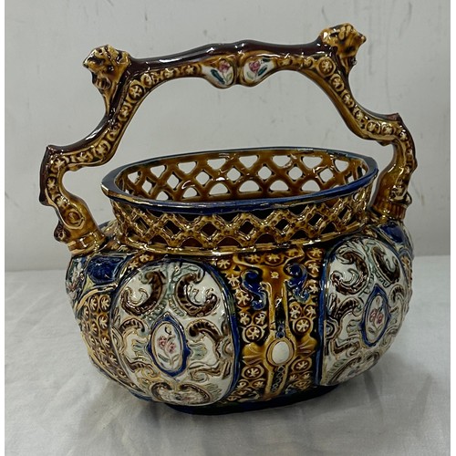 517 - English Alhambrian hand painted majolica basket measures approximately 8 inches tall x 8 inches wide