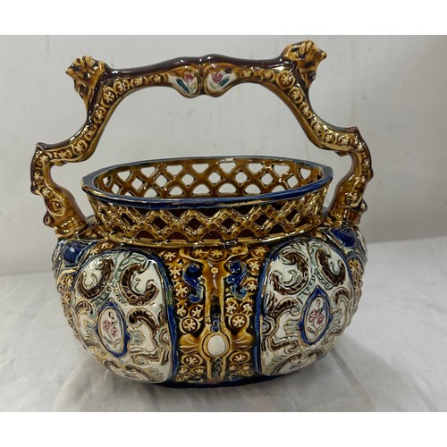 517 - English Alhambrian hand painted majolica basket measures approximately 8 inches tall x 8 inches wide